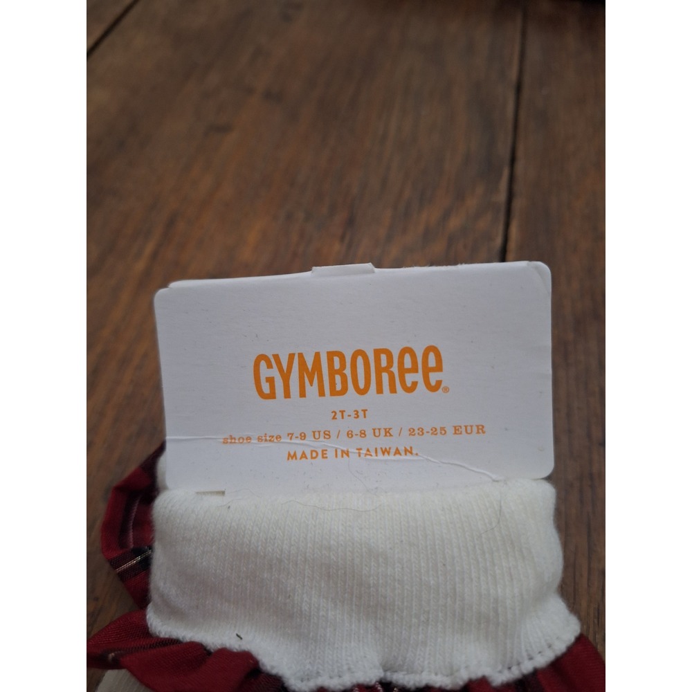 Gymboree Girls Ivory White Ankle Socks Red Plaid Ruffle Trim Gold Metallic 2T-3T - Picture 2 of 3